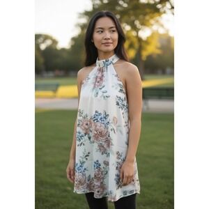 (H-231)Lulus Floral Halter Dress XS Sleeveless Midi Cream Floral Summer Dress NW